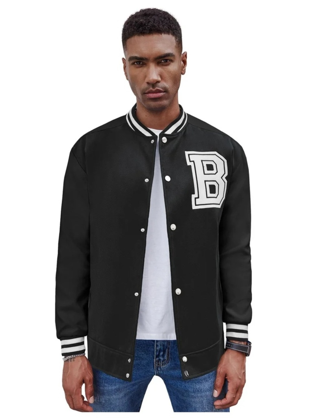 Men's Black Varsity Bomber Jacket with 'B' Patch